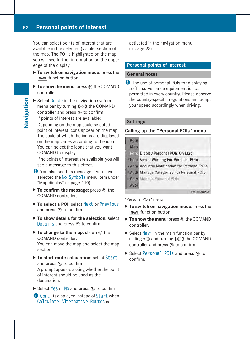 Navigation, Personal points of interest | Mercedes-Benz CL-Class 2014 COMAND Manual User Manual | Page 84 / 274