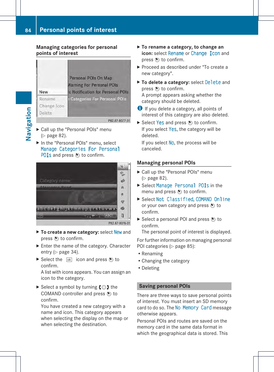 Navigation, Personal points of interest | Mercedes-Benz CL-Class 2014 COMAND Manual User Manual | Page 86 / 274