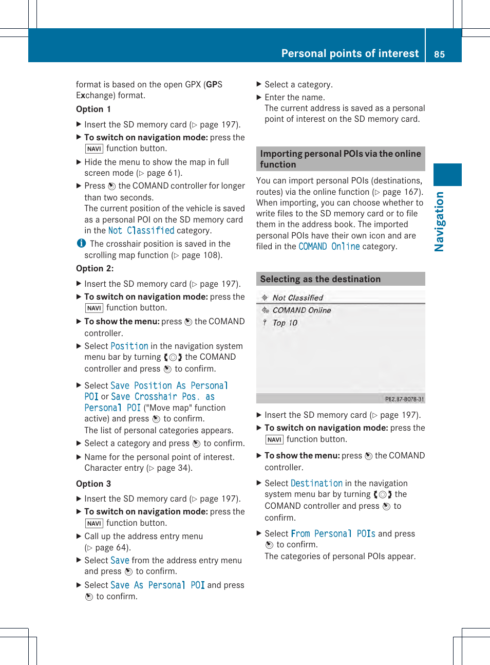Navigation, Personal points of interest | Mercedes-Benz CL-Class 2014 COMAND Manual User Manual | Page 87 / 274