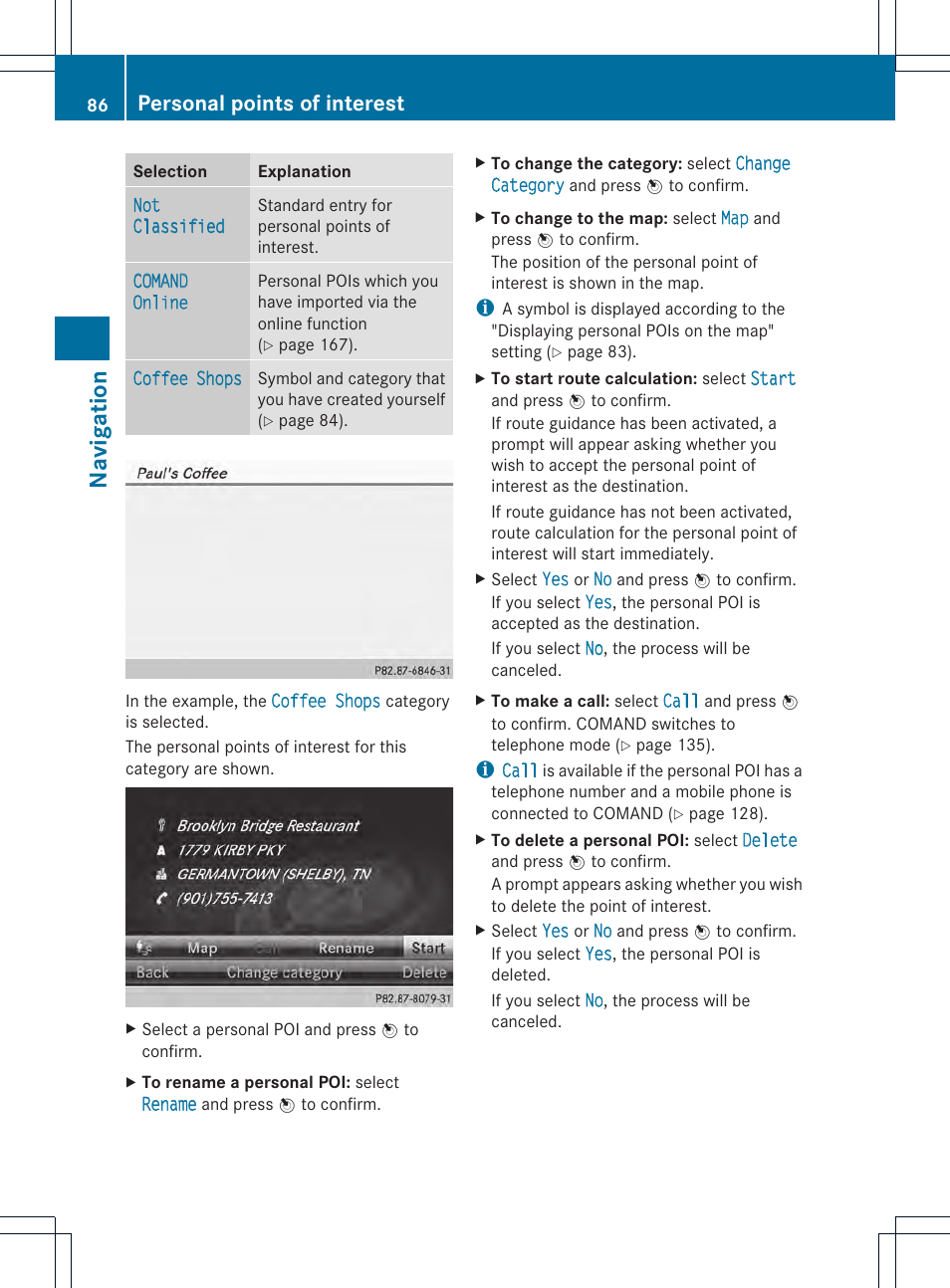 Navigation, Personal points of interest | Mercedes-Benz CL-Class 2014 COMAND Manual User Manual | Page 88 / 274