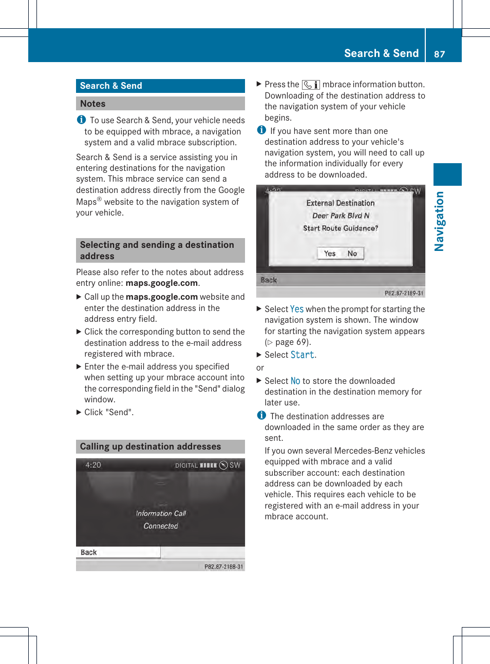 Navi ga tio n, Search & send | Mercedes-Benz CL-Class 2014 COMAND Manual User Manual | Page 89 / 274