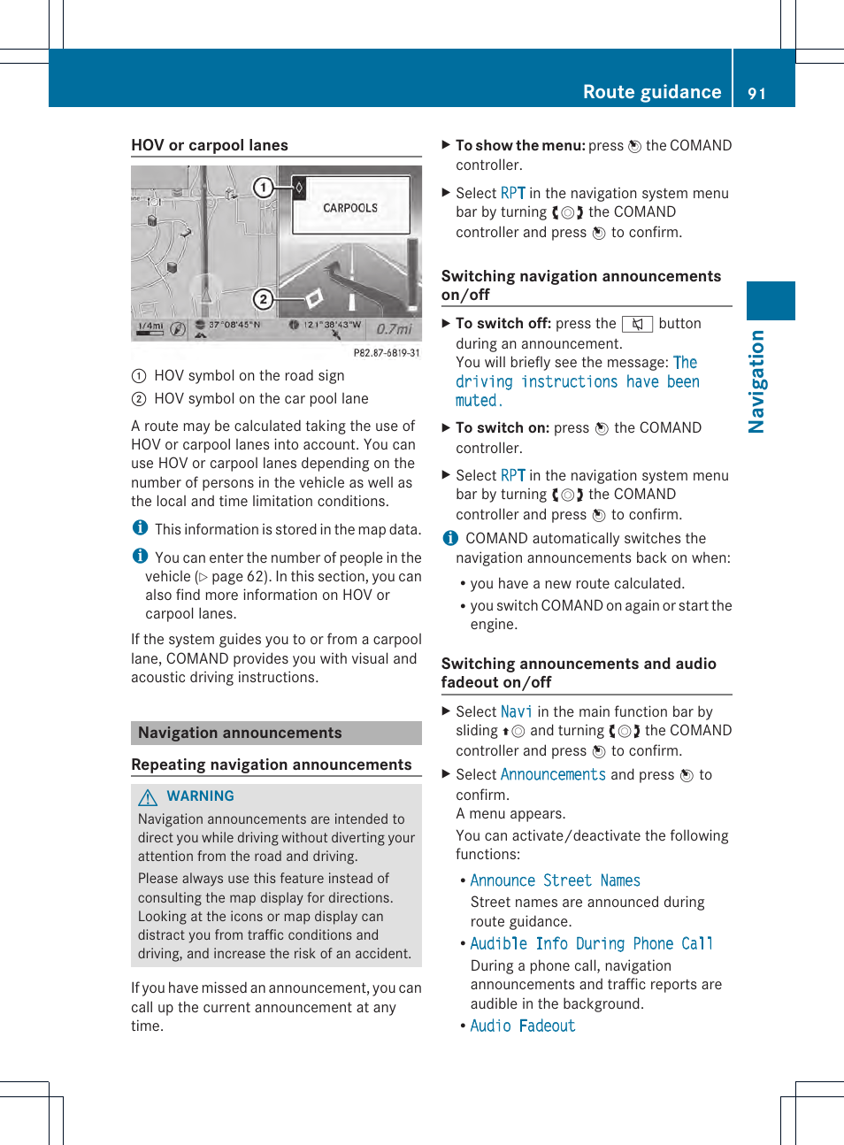 Navigation, Route guidance | Mercedes-Benz CL-Class 2014 COMAND Manual User Manual | Page 93 / 274