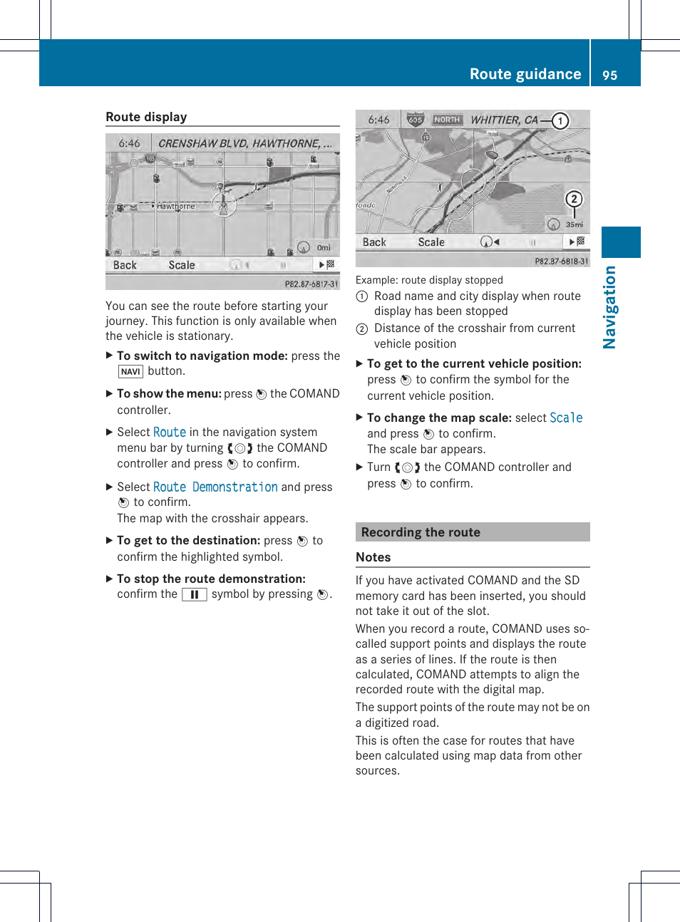 Navigation, Route guidance | Mercedes-Benz CL-Class 2014 COMAND Manual User Manual | Page 97 / 274