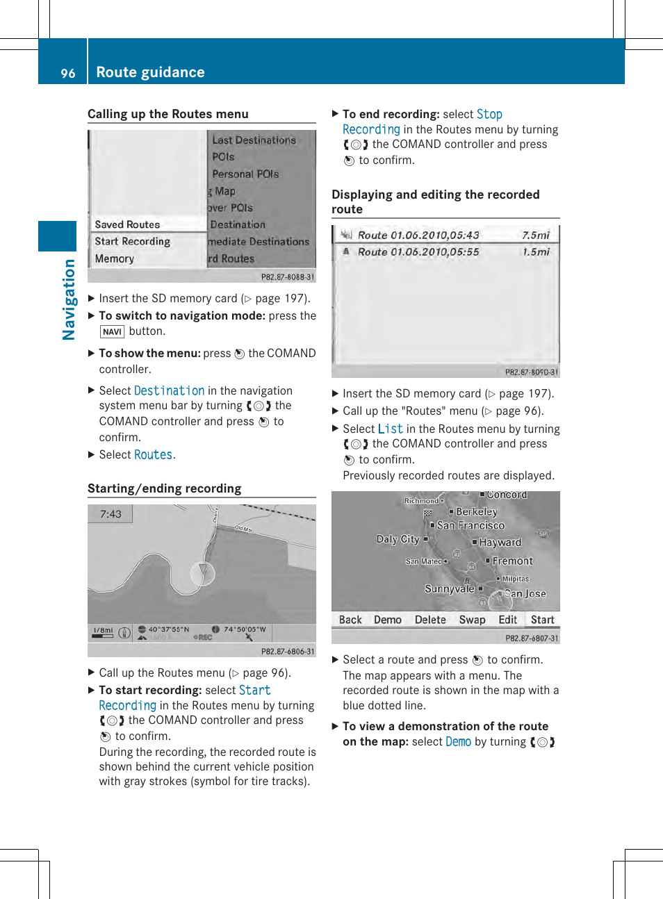 Navigation, Route guidance | Mercedes-Benz CL-Class 2014 COMAND Manual User Manual | Page 98 / 274