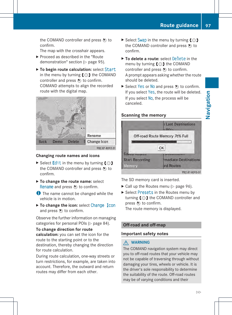 Navigation, Route guidance | Mercedes-Benz CL-Class 2014 COMAND Manual User Manual | Page 99 / 274