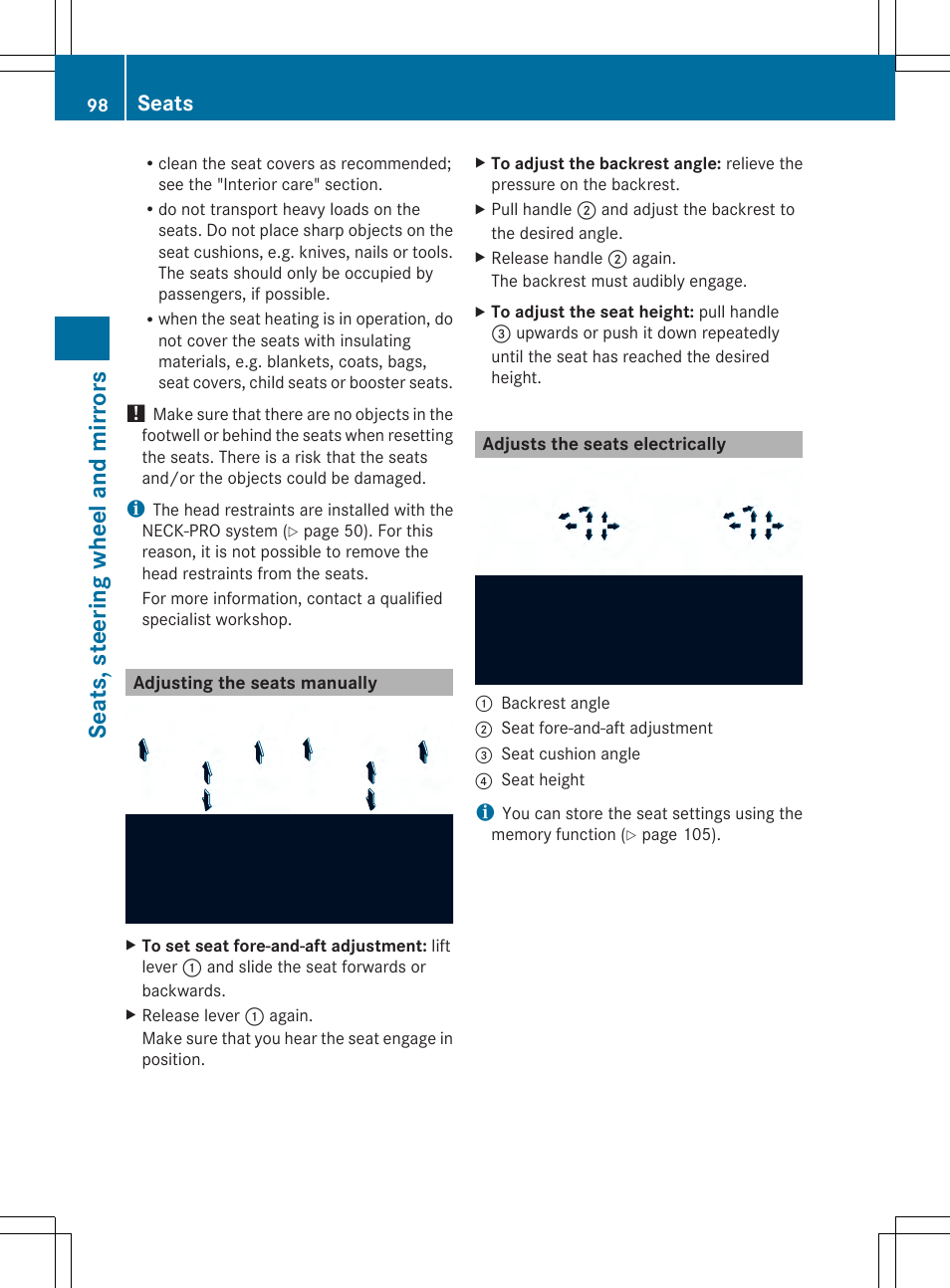 Seats, ste eri ng wheel and mirrors, Seats | Mercedes-Benz SLK-Class 2014 Owners Manual User Manual | Page 100 / 354