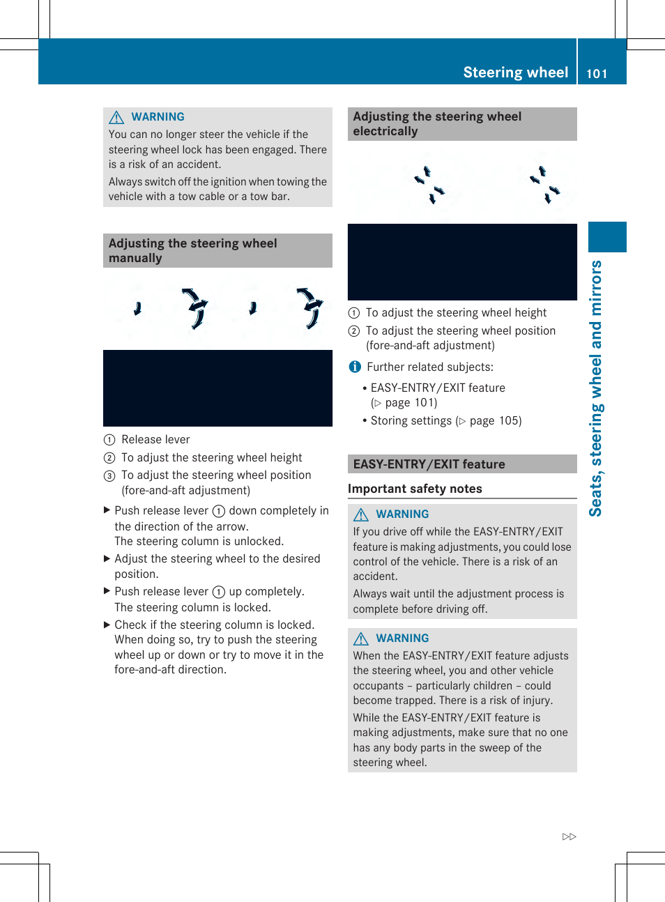 Seats, steering wheel and mirrors, Steering wheel | Mercedes-Benz SLK-Class 2014 Owners Manual User Manual | Page 103 / 354