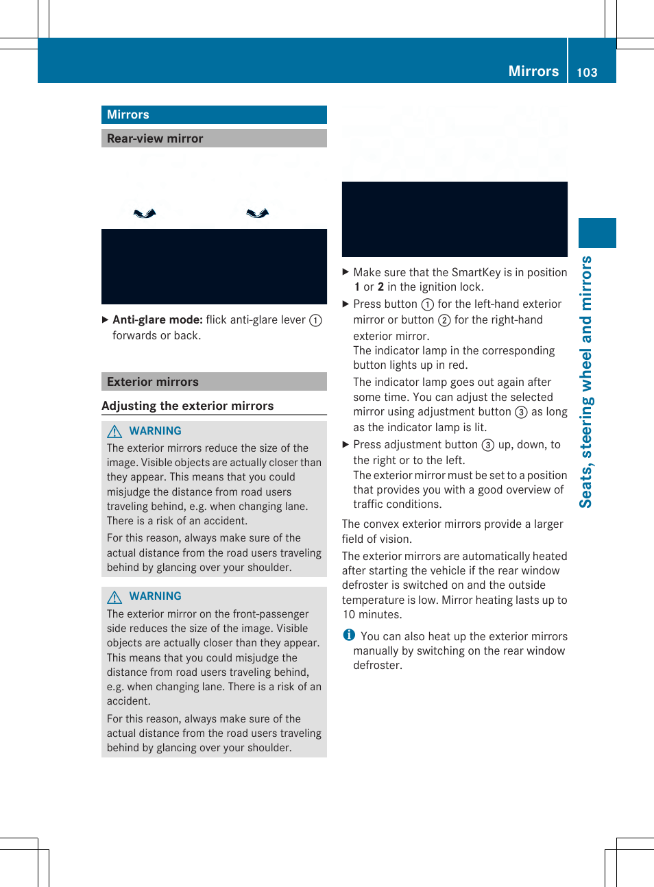 Seats, steering wheel and mirrors, Mirrors | Mercedes-Benz SLK-Class 2014 Owners Manual User Manual | Page 105 / 354