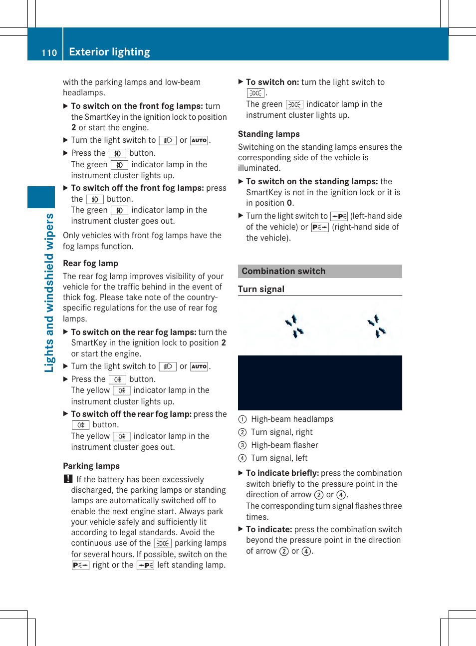 Light s and windsh ield wiper s, Exterior lighting | Mercedes-Benz SLK-Class 2014 Owners Manual User Manual | Page 112 / 354