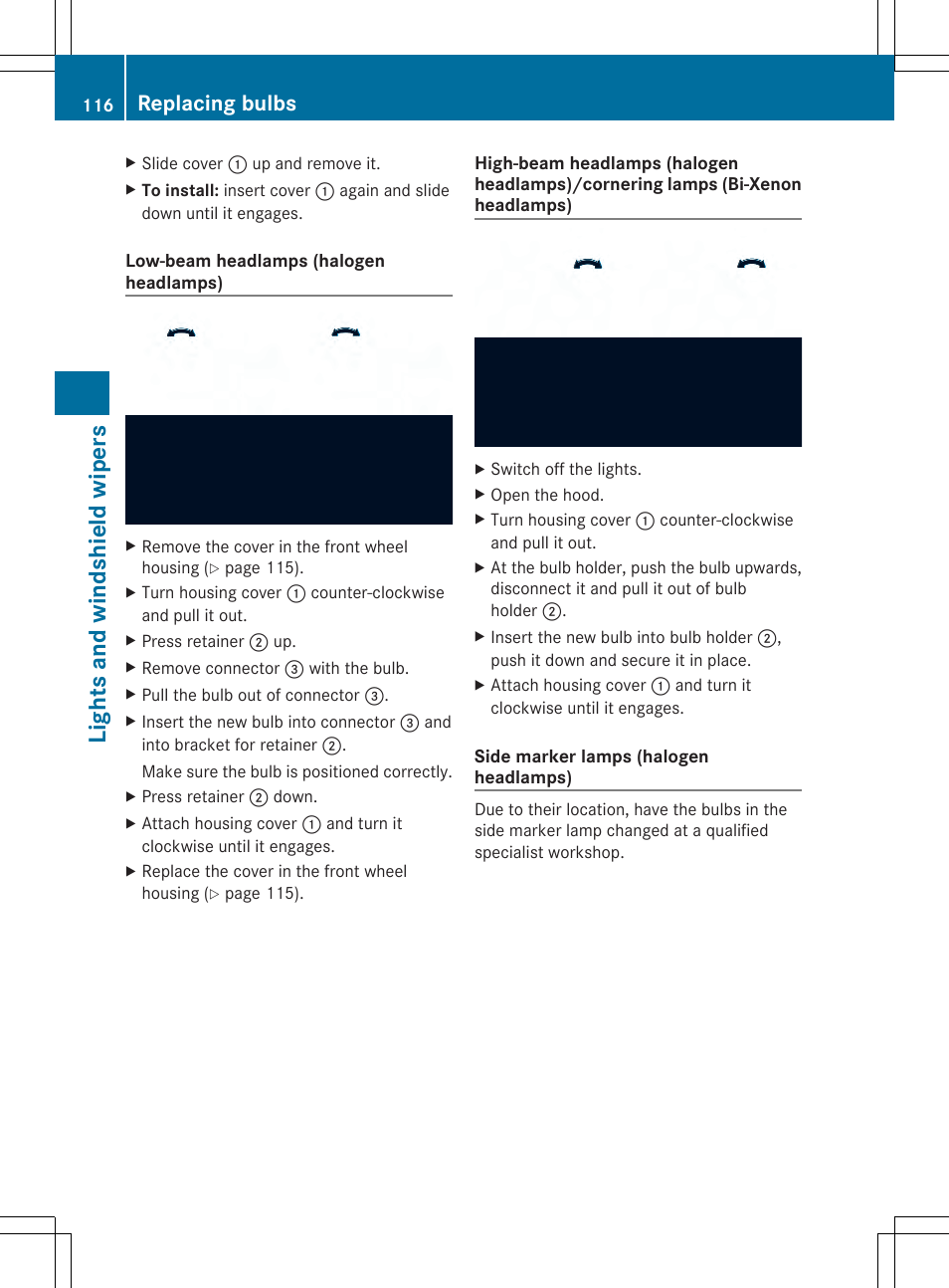 Li ghts and wi ndsh ie ld wi pers, Replacing bulbs | Mercedes-Benz SLK-Class 2014 Owners Manual User Manual | Page 118 / 354