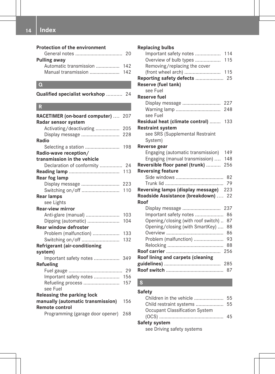 Index | Mercedes-Benz SLK-Class 2014 Owners Manual User Manual | Page 16 / 354