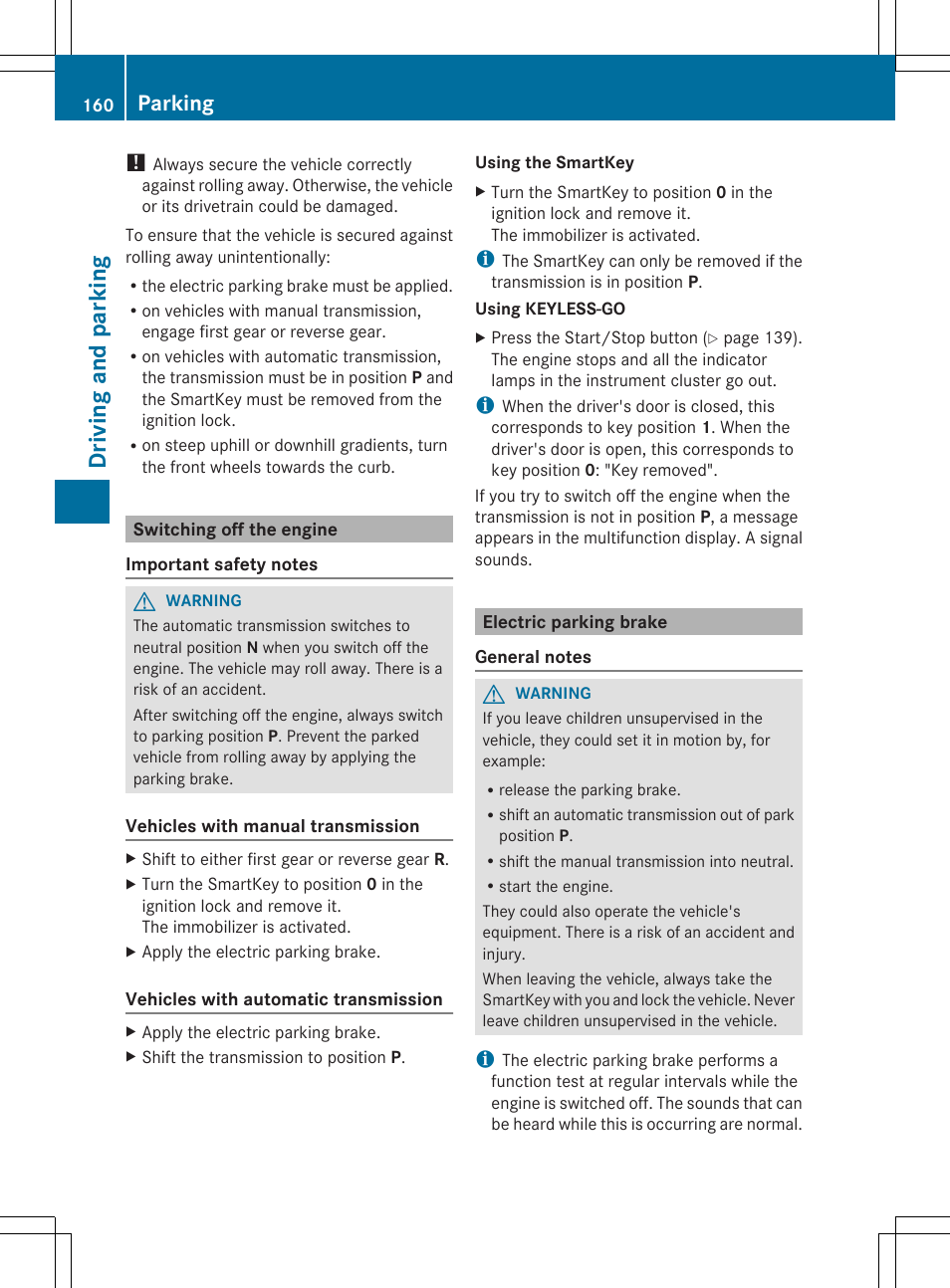 Driving and parking, Parking | Mercedes-Benz SLK-Class 2014 Owners Manual User Manual | Page 162 / 354