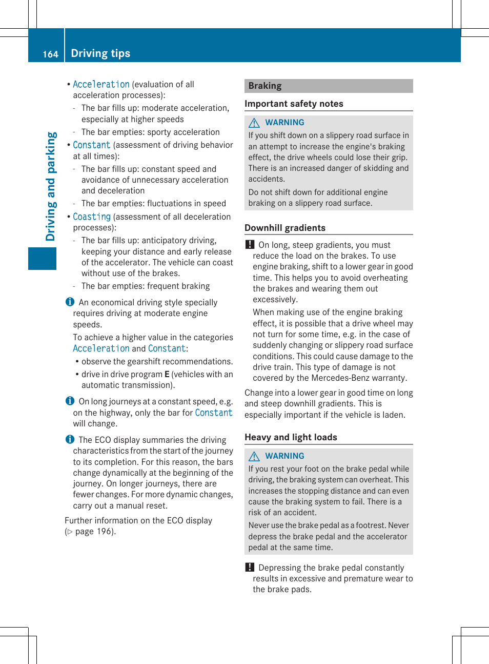 Driving and parking, Driving tips | Mercedes-Benz SLK-Class 2014 Owners Manual User Manual | Page 166 / 354