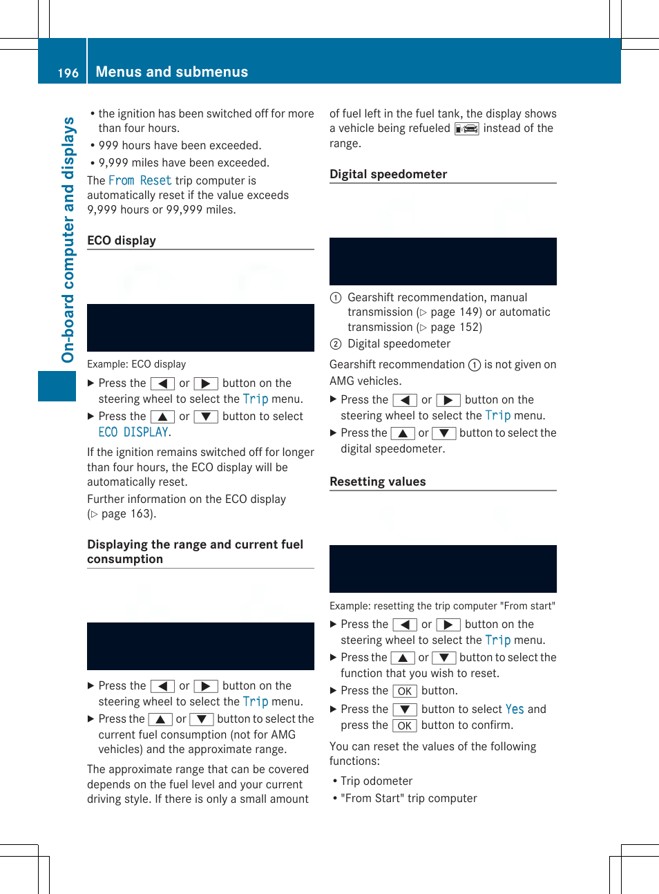 On -bo ard co mputer and dis play s, Menus and submenus | Mercedes-Benz SLK-Class 2014 Owners Manual User Manual | Page 198 / 354