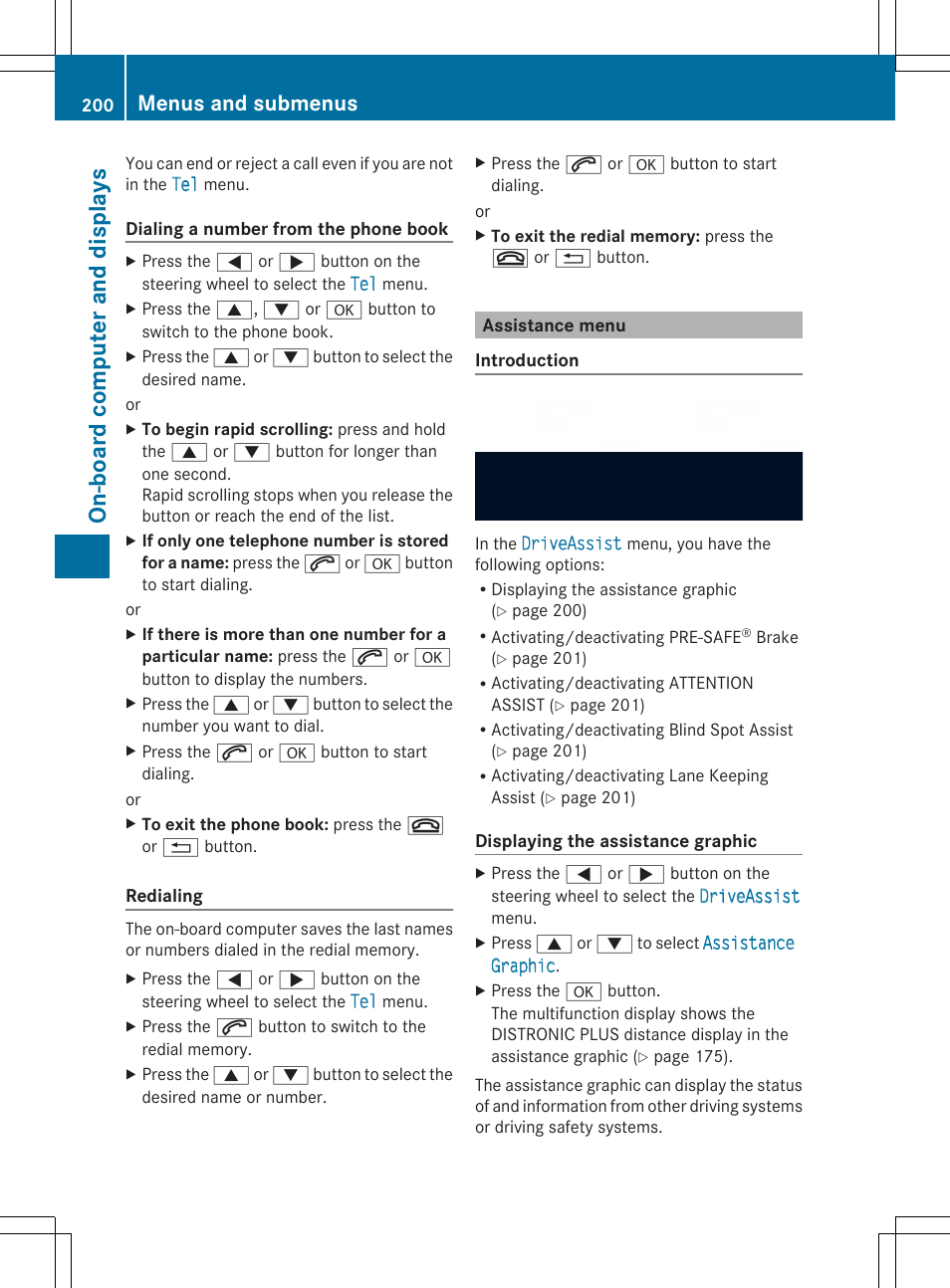 On-boa rd comp uter and disp lays, Menus and submenus | Mercedes-Benz SLK-Class 2014 Owners Manual User Manual | Page 202 / 354