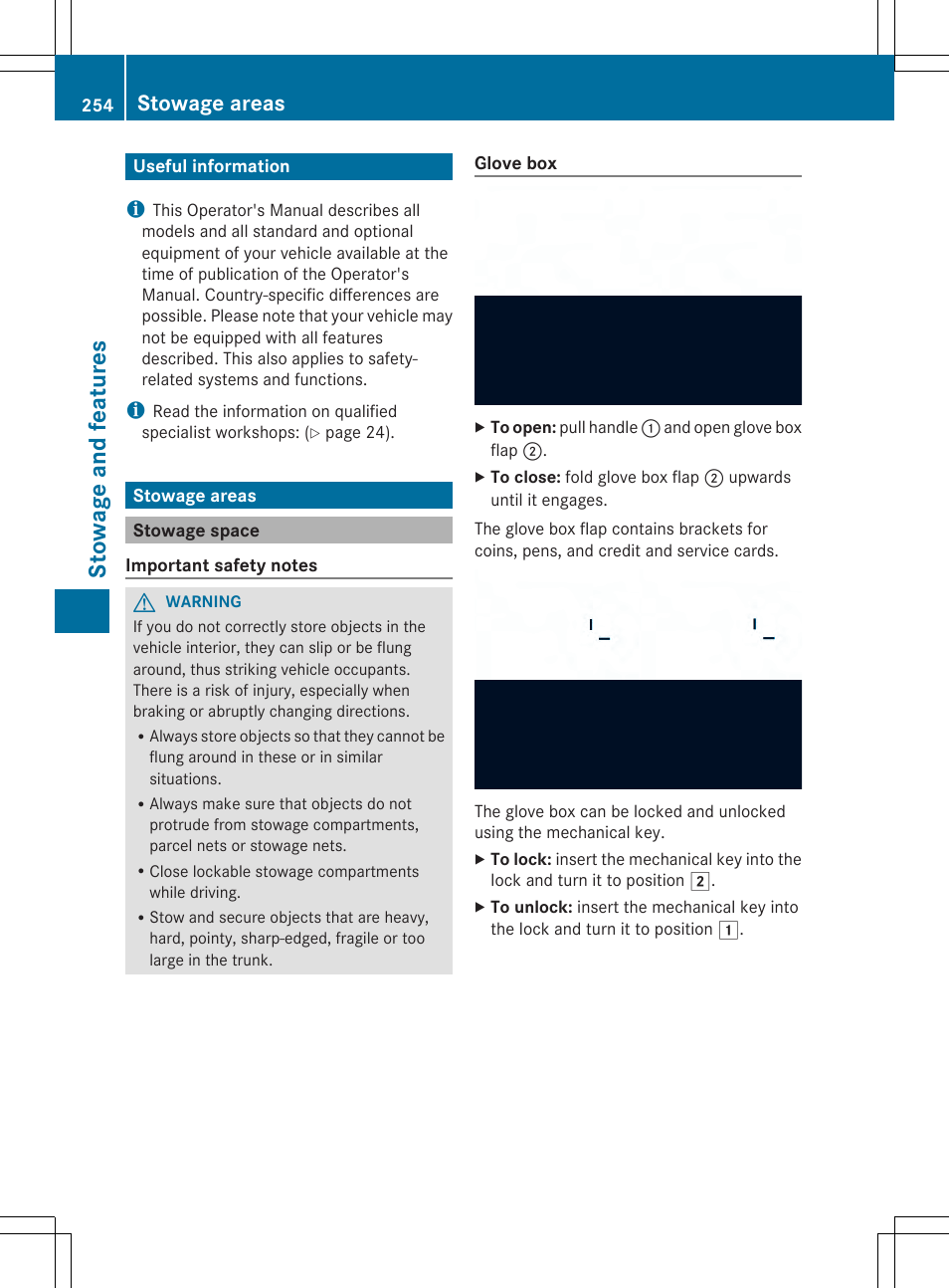 Stowage and feat ures, Stowage areas | Mercedes-Benz SLK-Class 2014 Owners Manual User Manual | Page 256 / 354