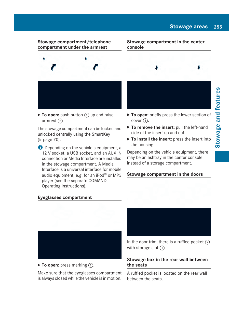 Stowage and features, Stowage areas | Mercedes-Benz SLK-Class 2014 Owners Manual User Manual | Page 257 / 354