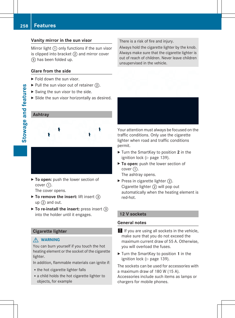 Sto wag e an d fe ature s, Features | Mercedes-Benz SLK-Class 2014 Owners Manual User Manual | Page 260 / 354