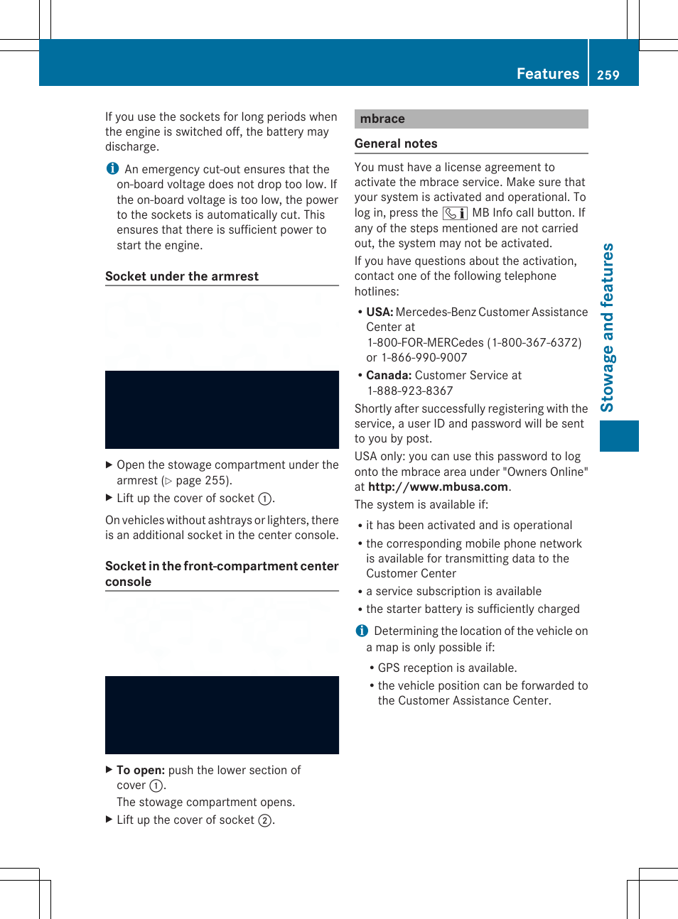 Stowage and features, Features | Mercedes-Benz SLK-Class 2014 Owners Manual User Manual | Page 261 / 354