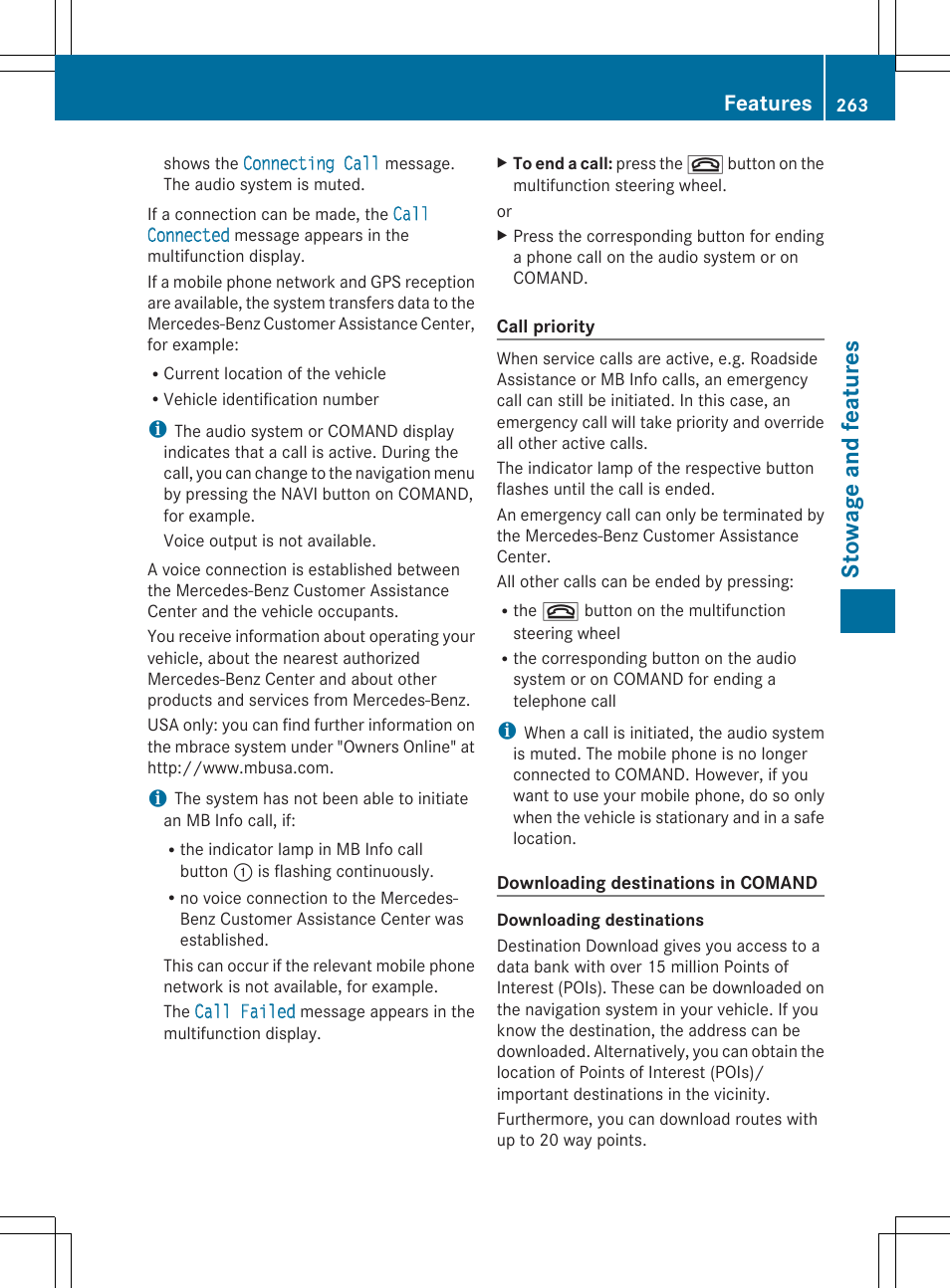 Stowage and features, Features | Mercedes-Benz SLK-Class 2014 Owners Manual User Manual | Page 265 / 354