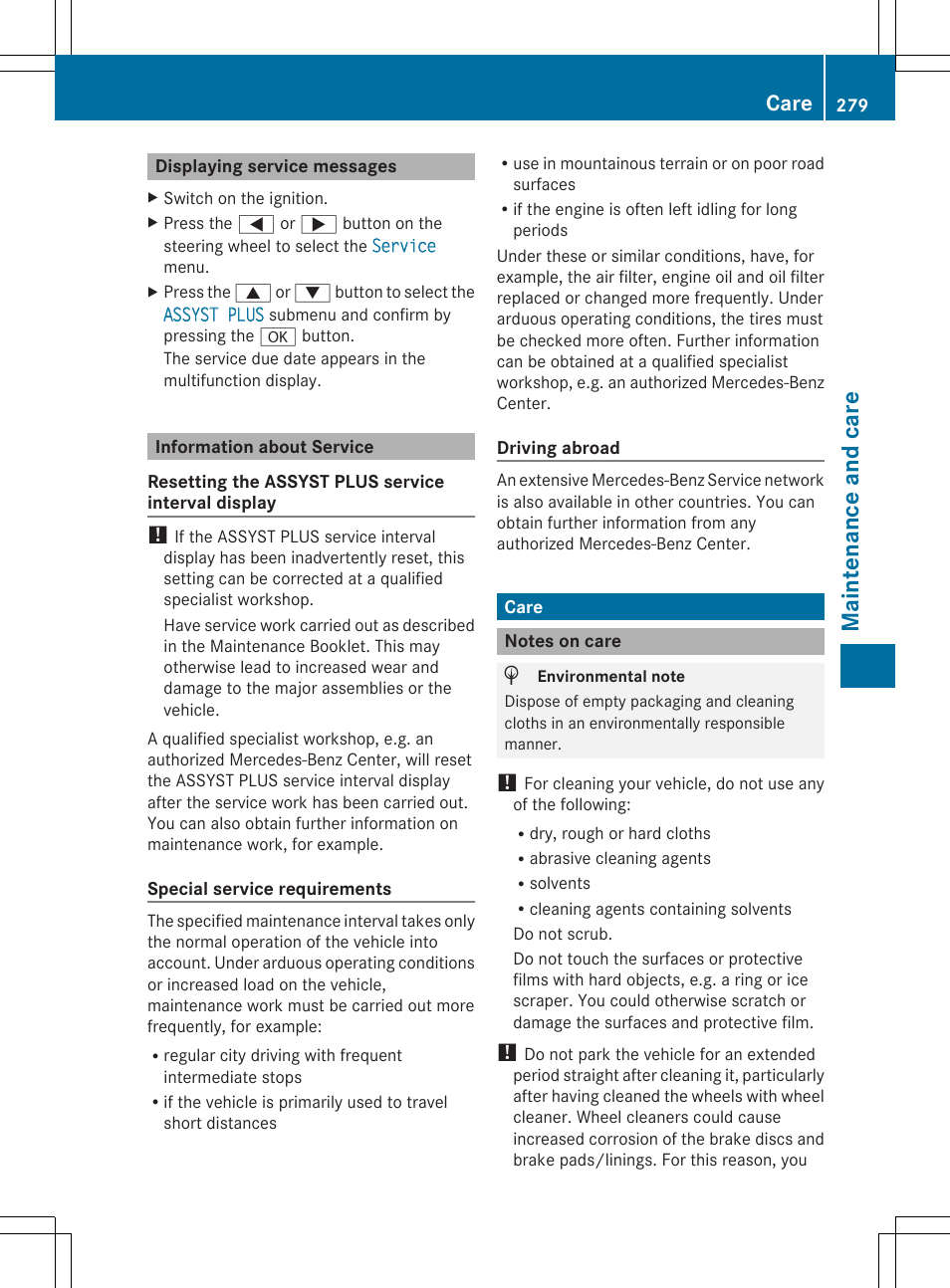 Ma int ena nce an d car e, Care | Mercedes-Benz SLK-Class 2014 Owners Manual User Manual | Page 281 / 354