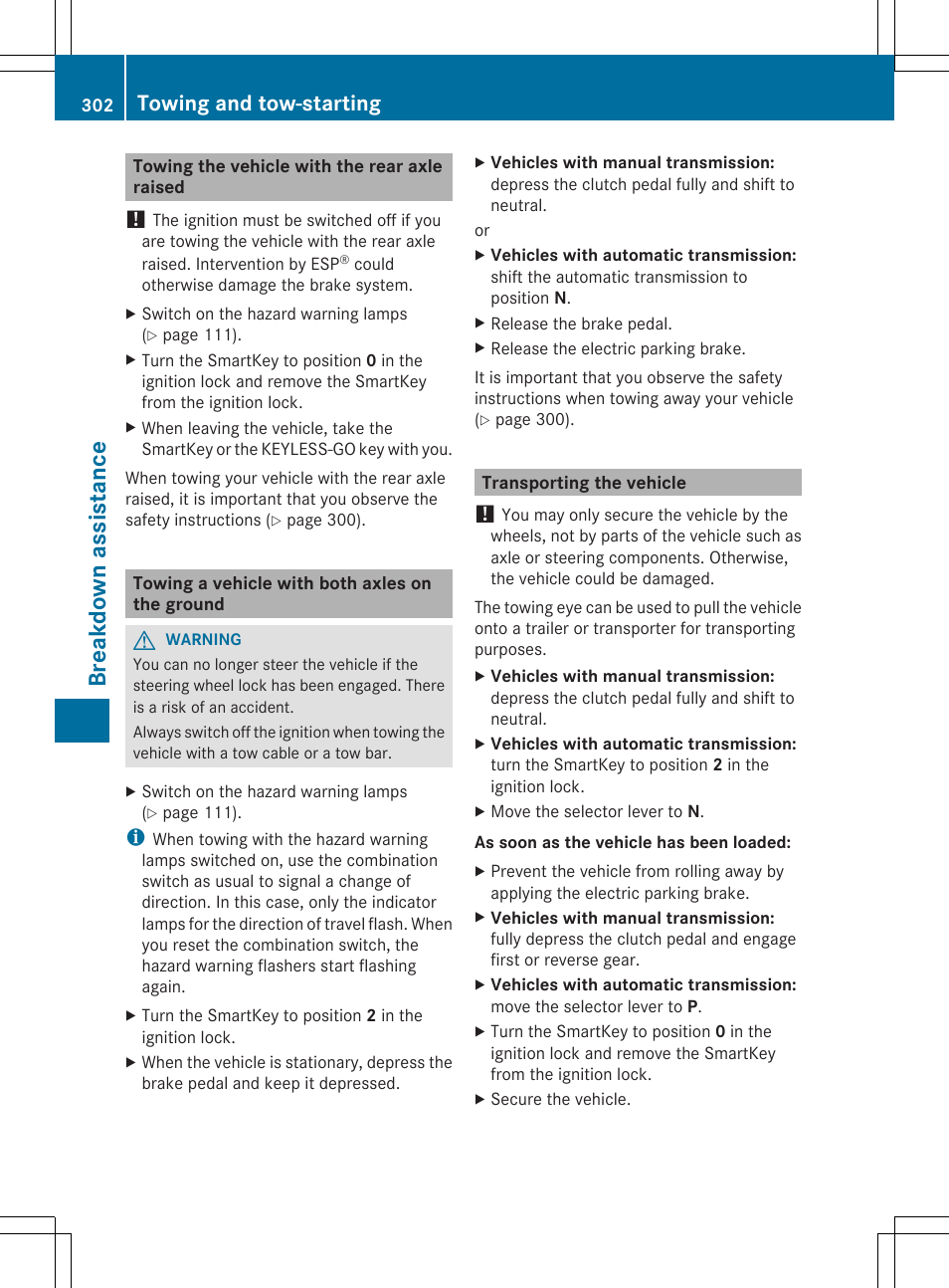Break dow n ass is tanc e, Towing and tow-starting | Mercedes-Benz SLK-Class 2014 Owners Manual User Manual | Page 304 / 354