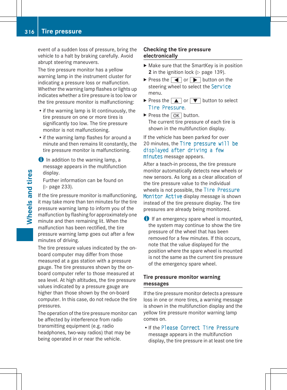 Wheels and tires, Tire pressure | Mercedes-Benz SLK-Class 2014 Owners Manual User Manual | Page 318 / 354