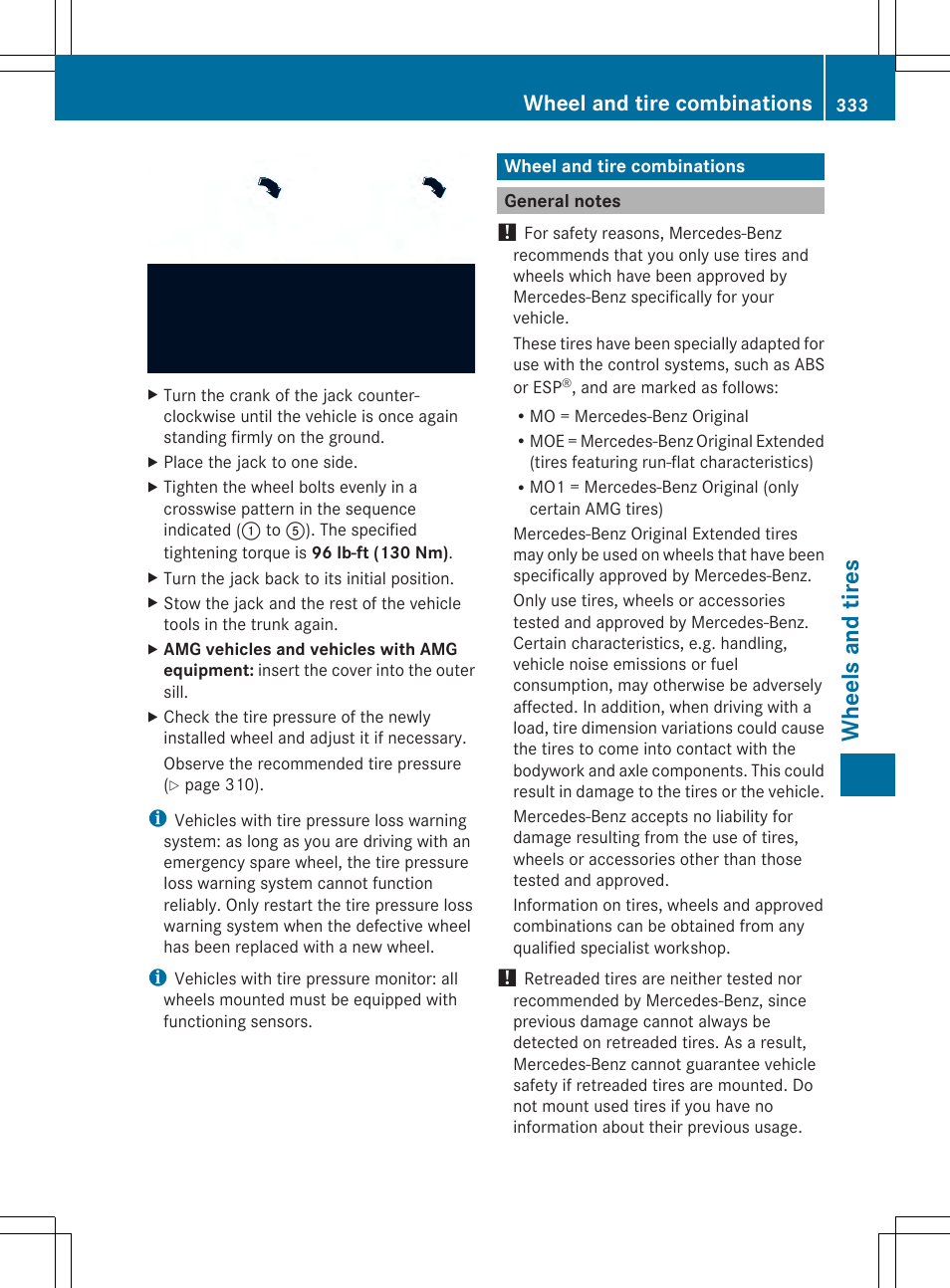 Wheels and tires, Wheel and tire combinations | Mercedes-Benz SLK-Class 2014 Owners Manual User Manual | Page 335 / 354