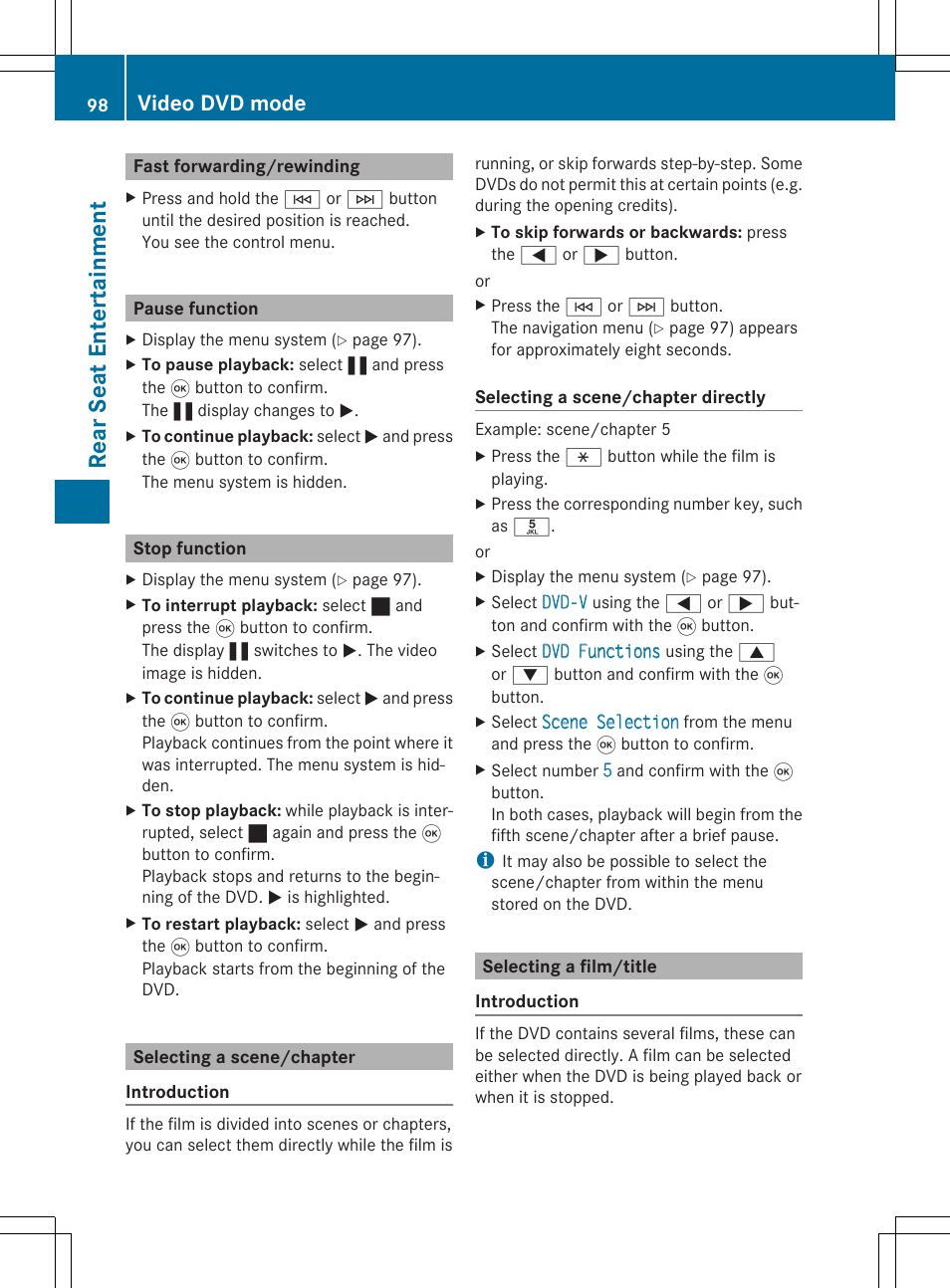 Rea rse at ent er tai nme nt, Video dvd mode | Mercedes-Benz CLA-Class 2014 Audio 20 Manual User Manual | Page 100 / 106
