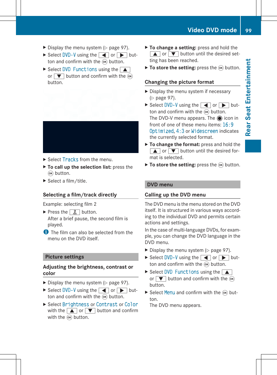 Re ar se at ent er tai nme nt, Video dvd mode | Mercedes-Benz CLA-Class 2014 Audio 20 Manual User Manual | Page 101 / 106