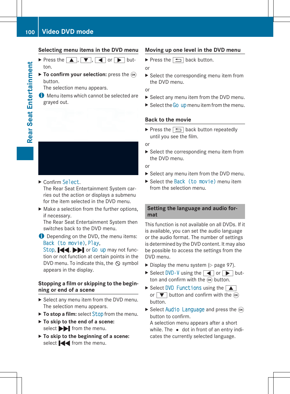 Rear seat entertainment, Video dvd mode | Mercedes-Benz CLA-Class 2014 Audio 20 Manual User Manual | Page 102 / 106
