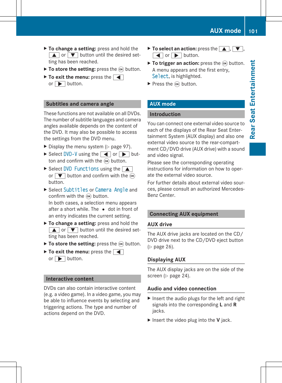 Rear se at en tertai nme nt, Aux mode | Mercedes-Benz CLA-Class 2014 Audio 20 Manual User Manual | Page 103 / 106