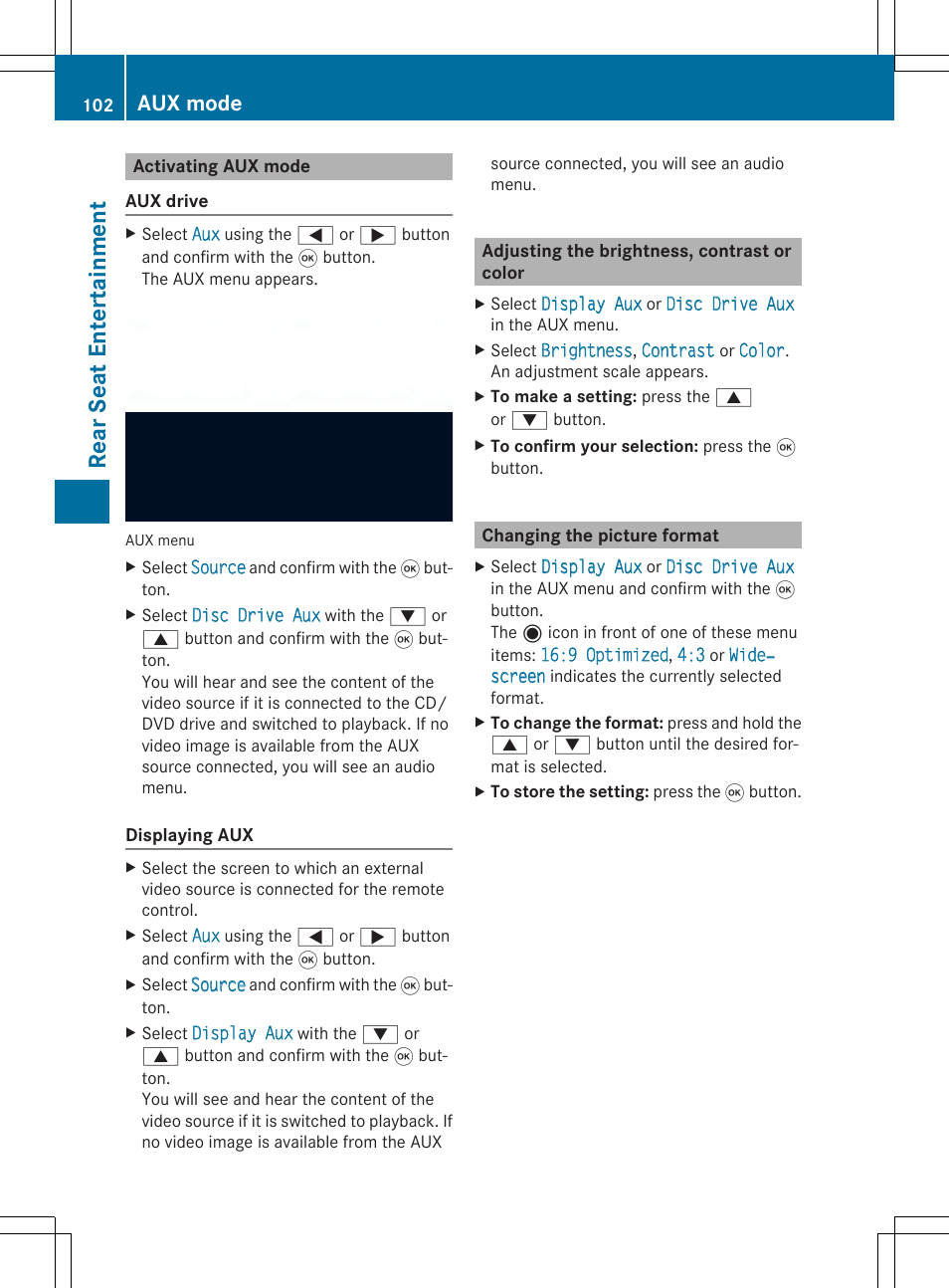 Re ar se at ent er tai nme nt, Aux mode | Mercedes-Benz CLA-Class 2014 Audio 20 Manual User Manual | Page 104 / 106