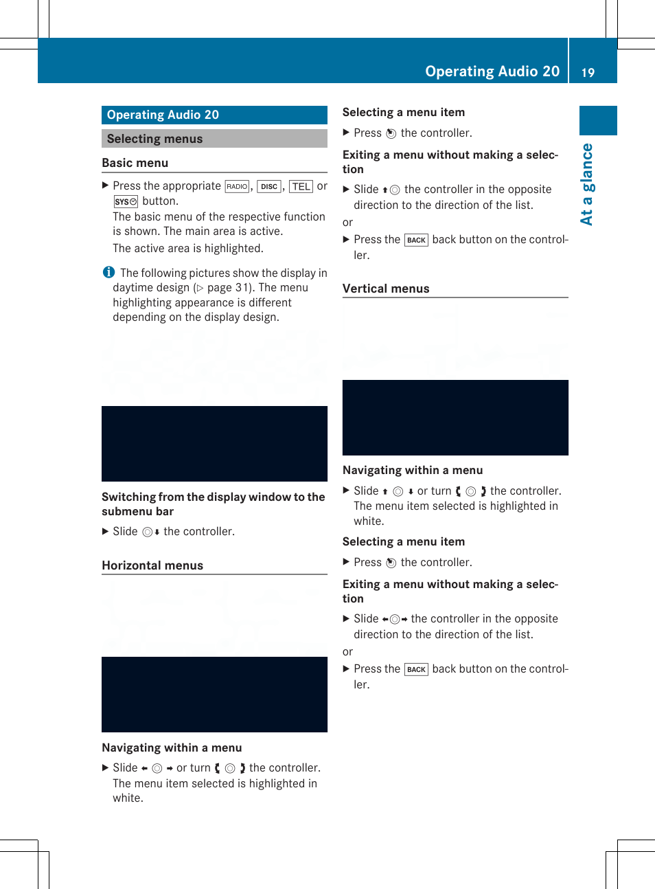 At a gla nce, Operating audio 20 | Mercedes-Benz CLA-Class 2014 Audio 20 Manual User Manual | Page 21 / 106
