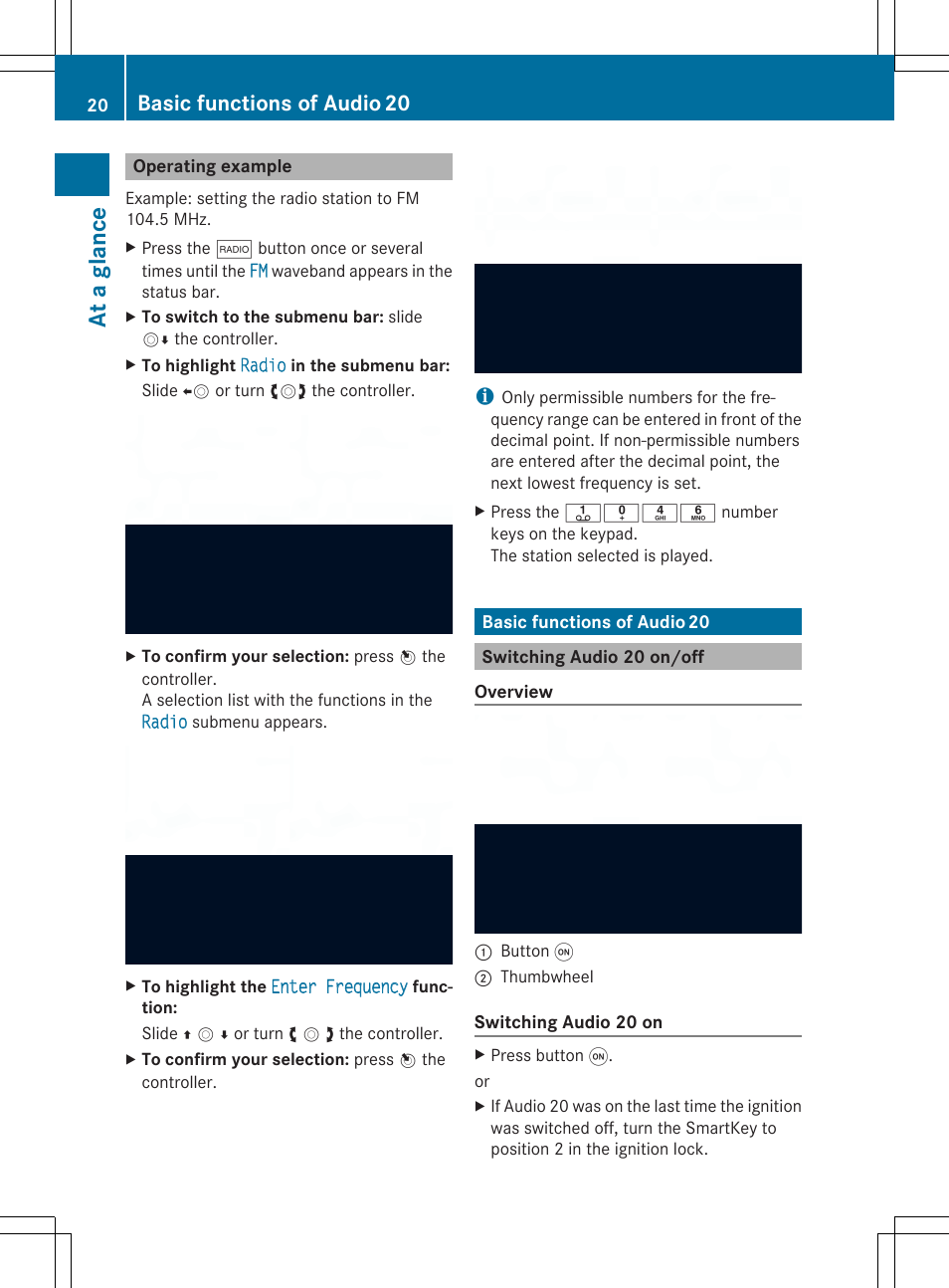 At a gla nce, Basic functions of audio20 | Mercedes-Benz CLA-Class 2014 Audio 20 Manual User Manual | Page 22 / 106