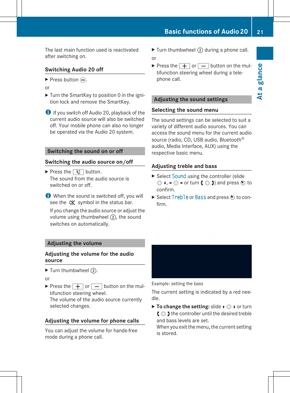 At a gla nce, Basic functions of audio20 | Mercedes-Benz CLA-Class 2014 Audio 20 Manual User Manual | Page 23 / 106