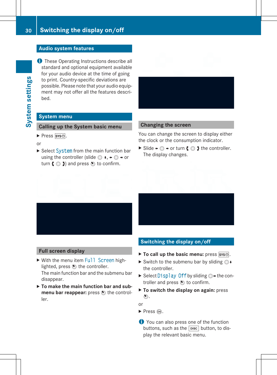 Sys tem se ttin gs, Switching the display on/off | Mercedes-Benz CLA-Class 2014 Audio 20 Manual User Manual | Page 32 / 106