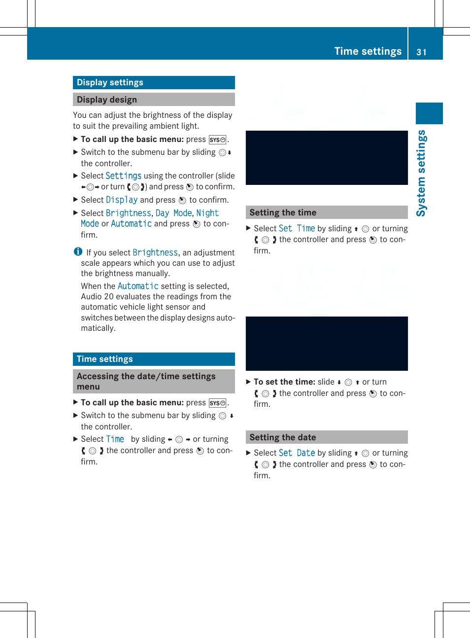 Sys tem se ttin gs, Time settings | Mercedes-Benz CLA-Class 2014 Audio 20 Manual User Manual | Page 33 / 106