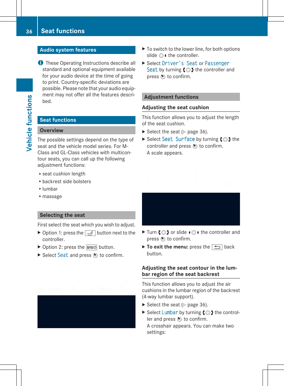 Veh icle fu nct ions, Seat functions | Mercedes-Benz CLA-Class 2014 Audio 20 Manual User Manual | Page 38 / 106