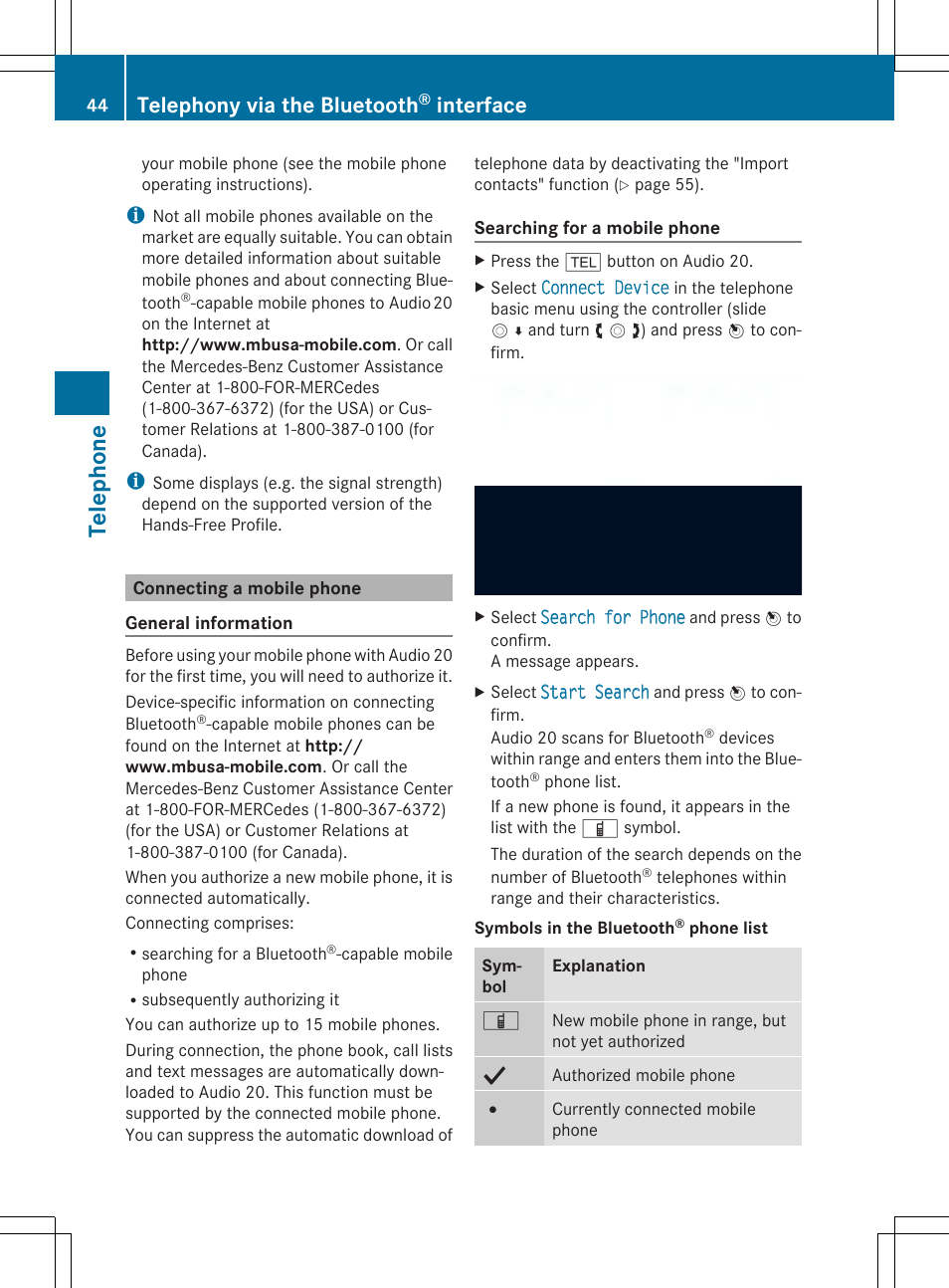 Teleph one, Telephony via the bluetooth, Interface | Mercedes-Benz CLA-Class 2014 Audio 20 Manual User Manual | Page 46 / 106