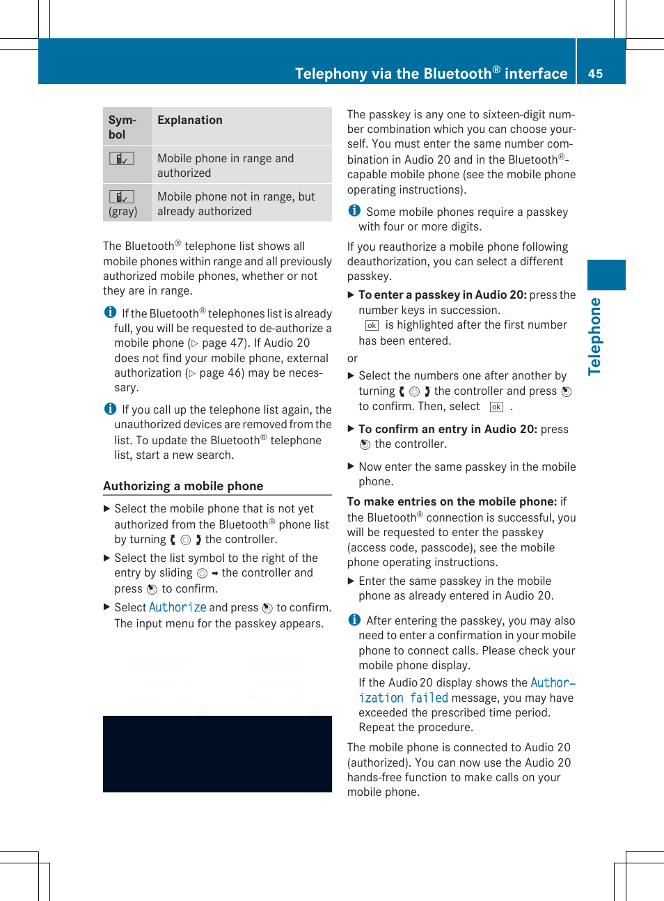 Tel eph on e, Telephony via the bluetooth, Interface | Mercedes-Benz CLA-Class 2014 Audio 20 Manual User Manual | Page 47 / 106