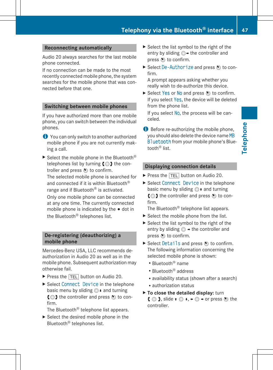 Telephone, Telephony via the bluetooth, Interface | Mercedes-Benz CLA-Class 2014 Audio 20 Manual User Manual | Page 49 / 106