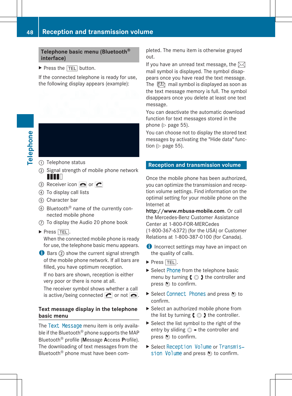 Tel eph on e, Reception and transmission volume | Mercedes-Benz CLA-Class 2014 Audio 20 Manual User Manual | Page 50 / 106