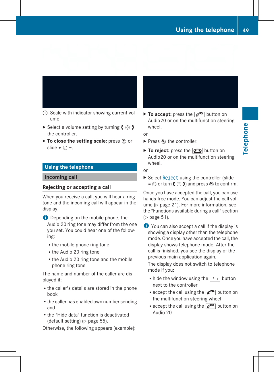 Teleph one, Using the telephone | Mercedes-Benz CLA-Class 2014 Audio 20 Manual User Manual | Page 51 / 106