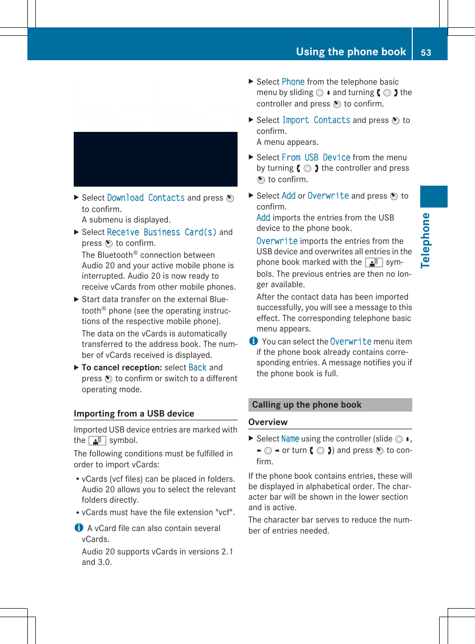 Teleph one, Using the phone book | Mercedes-Benz CLA-Class 2014 Audio 20 Manual User Manual | Page 55 / 106