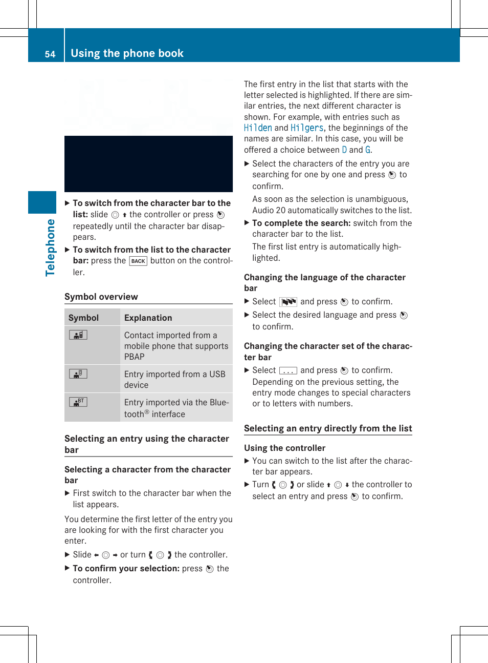 Tel eph on e, Using the phone book | Mercedes-Benz CLA-Class 2014 Audio 20 Manual User Manual | Page 56 / 106