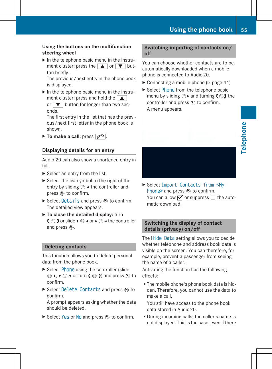 Teleph one, Using the phone book | Mercedes-Benz CLA-Class 2014 Audio 20 Manual User Manual | Page 57 / 106