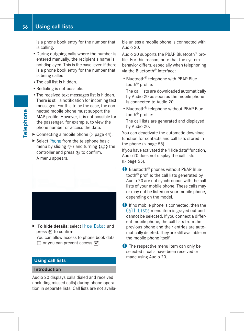Telep hone, Using call lists | Mercedes-Benz CLA-Class 2014 Audio 20 Manual User Manual | Page 58 / 106
