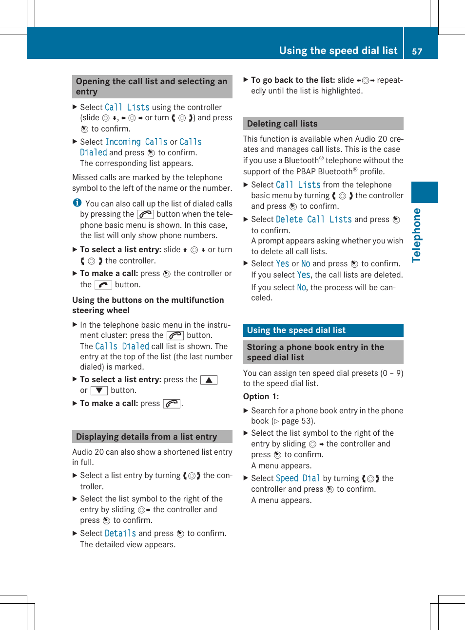 Tel eph on e, Using the speed dial list | Mercedes-Benz CLA-Class 2014 Audio 20 Manual User Manual | Page 59 / 106