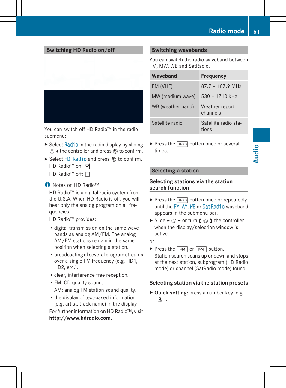 Aud io, Radio mode | Mercedes-Benz CLA-Class 2014 Audio 20 Manual User Manual | Page 63 / 106